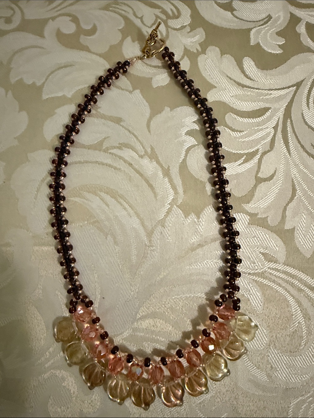 Beaded Pink and Champagne Glass Necklace